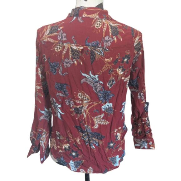 Intro. Petite PM Floral Print Roll-Tab Button-Up Blouse Red Rayon - Picture 6 of 6